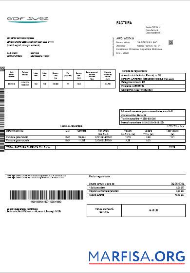 Blank Moldova Gas business utility bill template in Word and PDF formats